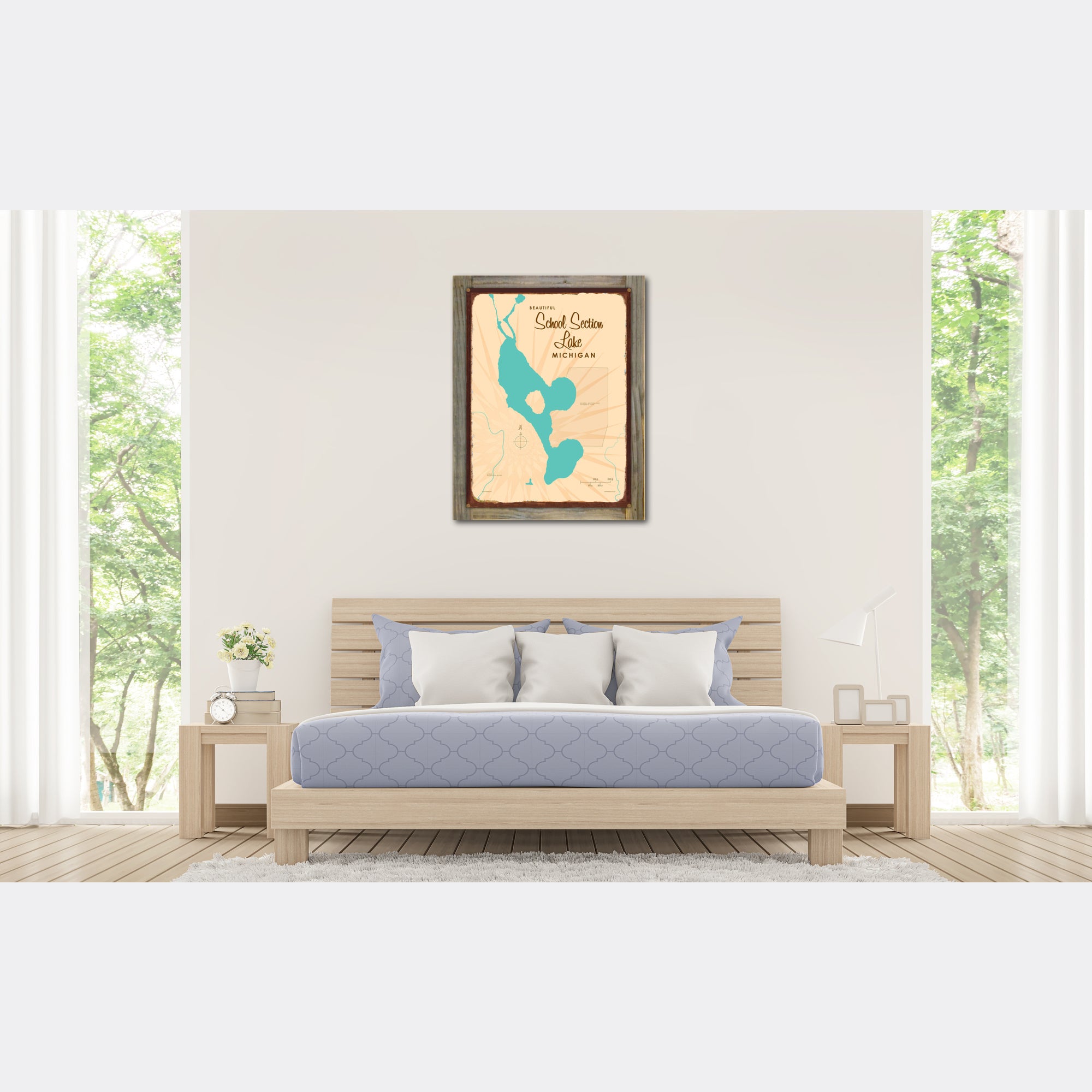 School Section Lake Michigan, Wood-Mounted Rustic Metal Sign Map Art