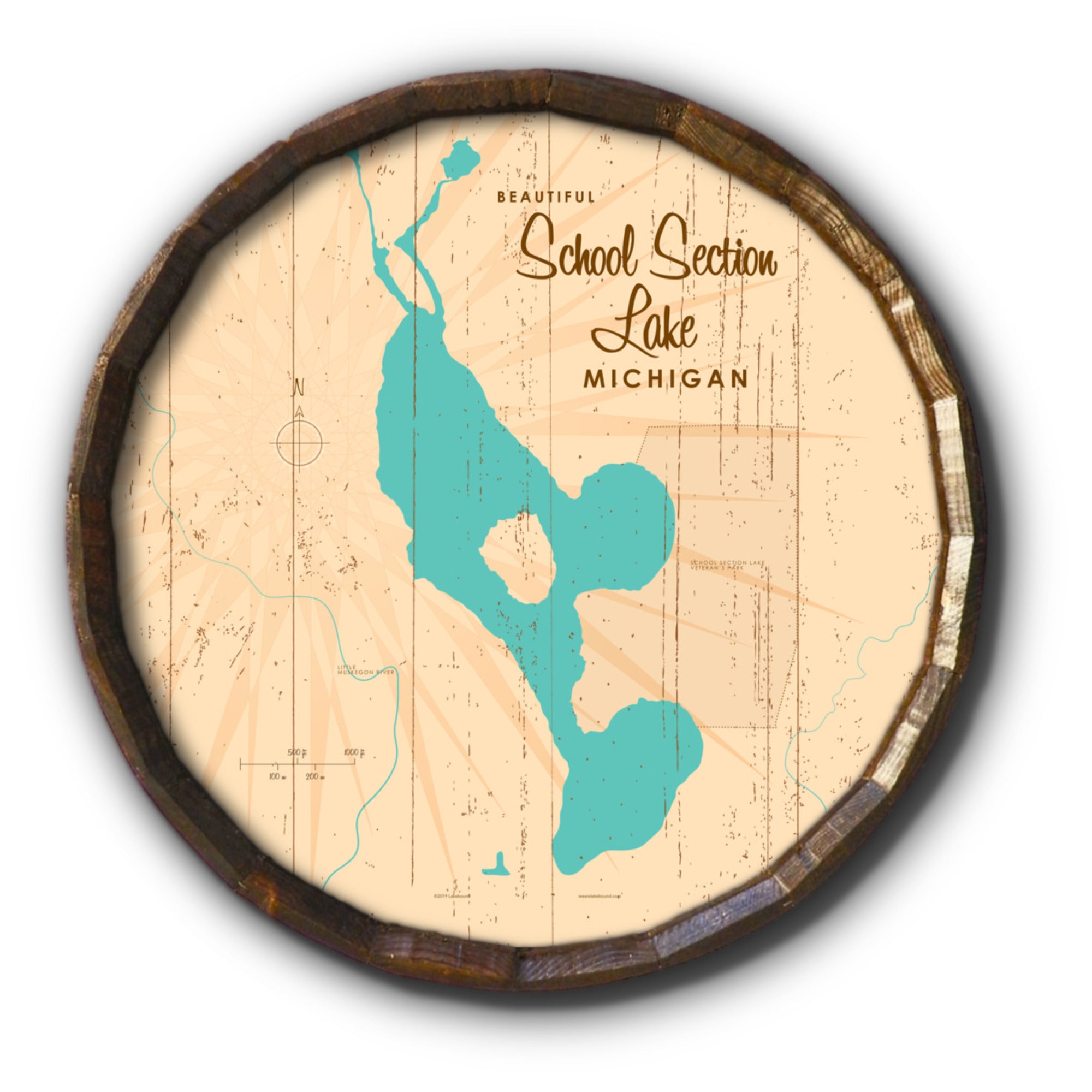 School Section Lake Michigan, Rustic Barrel End Map Art