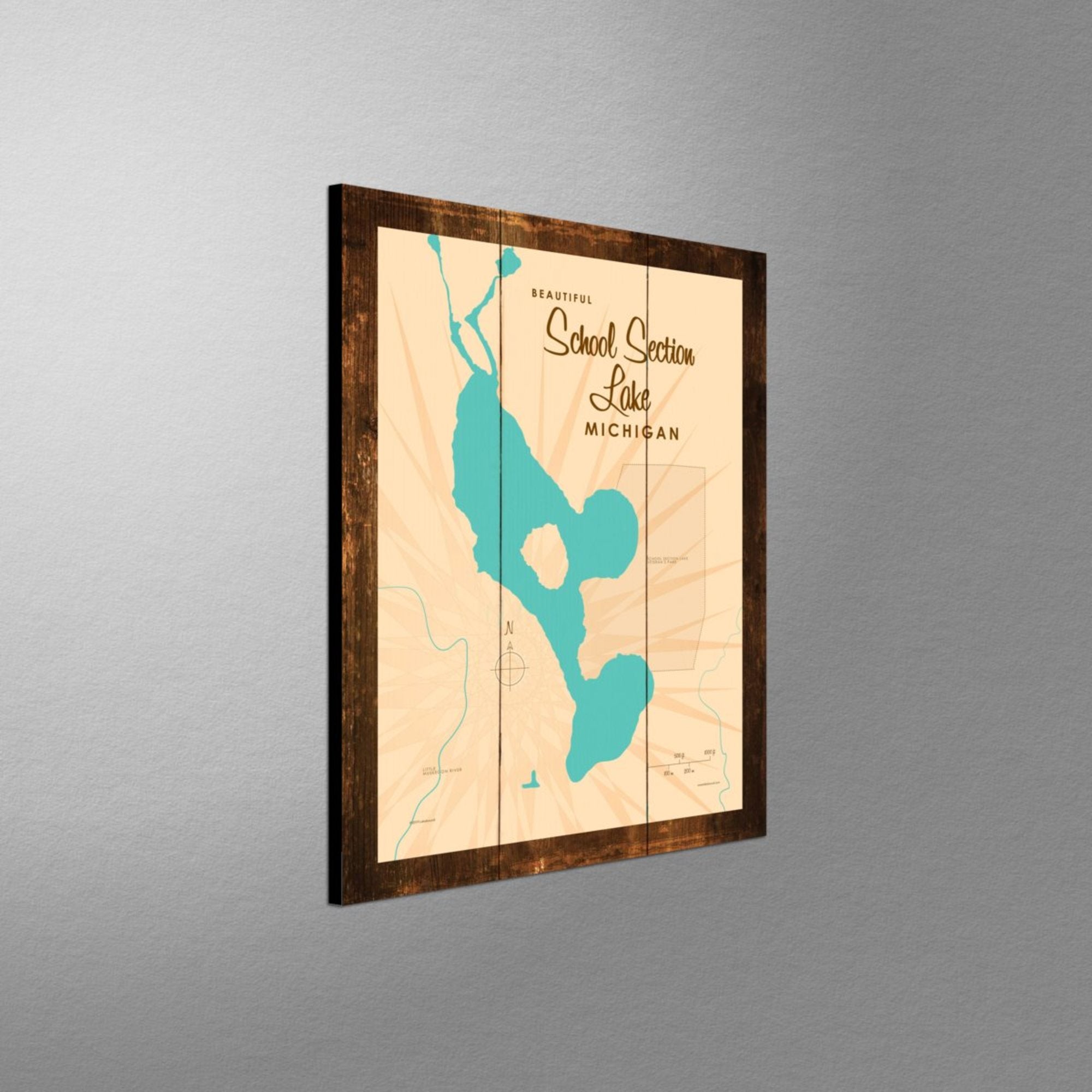 School Section Lake Michigan, Rustic Wood Sign Map Art