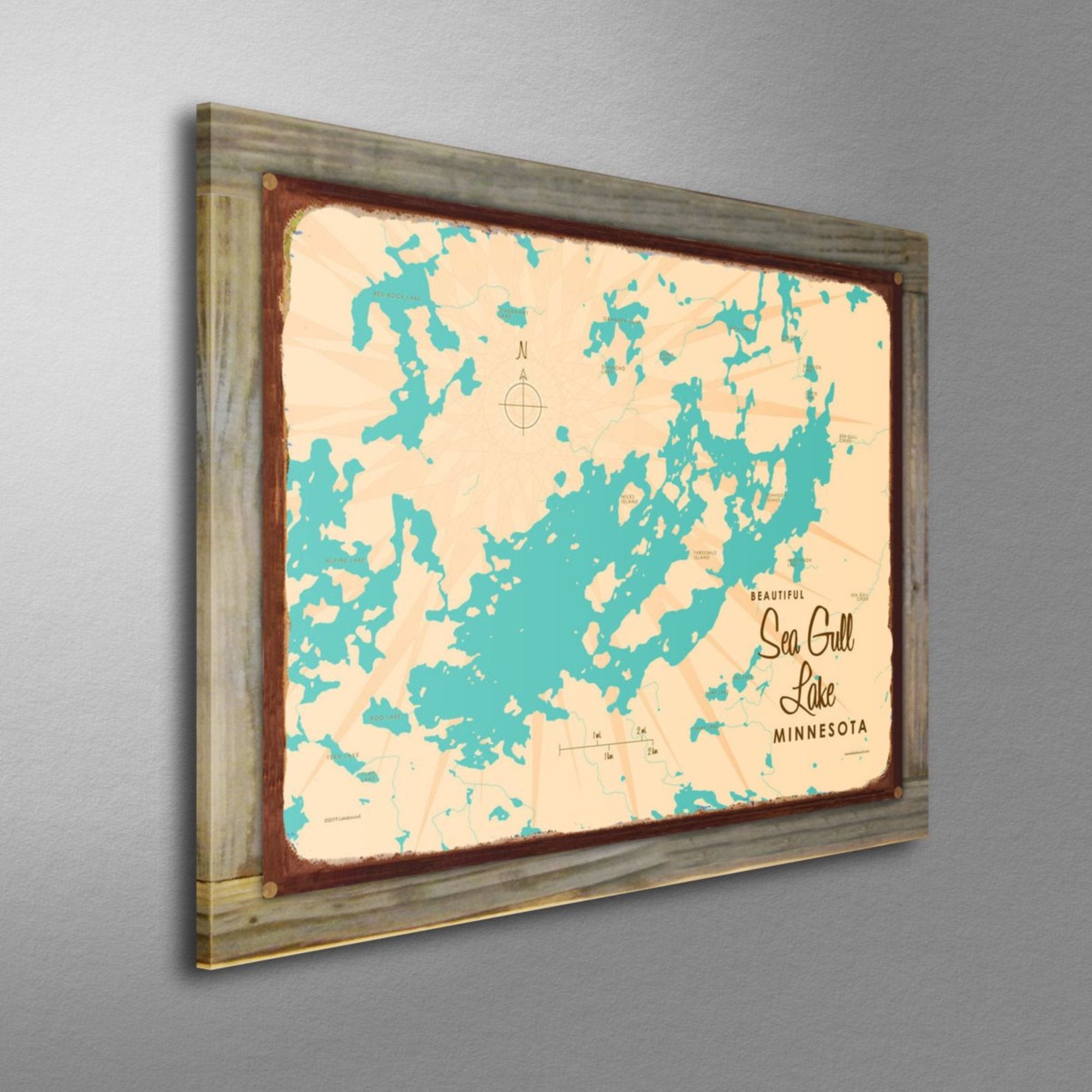Sea Gull Lake Minnesota, Wood-Mounted Rustic Metal Sign Map Art