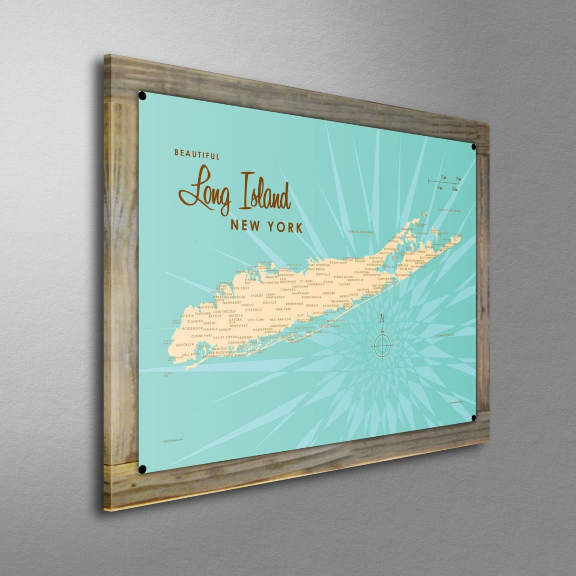 Long Island New York, Wood-Mounted Metal Sign Map Art