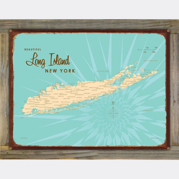Long Island New York, Wood-Mounted Rustic Metal Sign Map Art