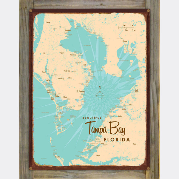 Tampa Bay Florida, Wood-Mounted Rustic Metal Sign Map Art