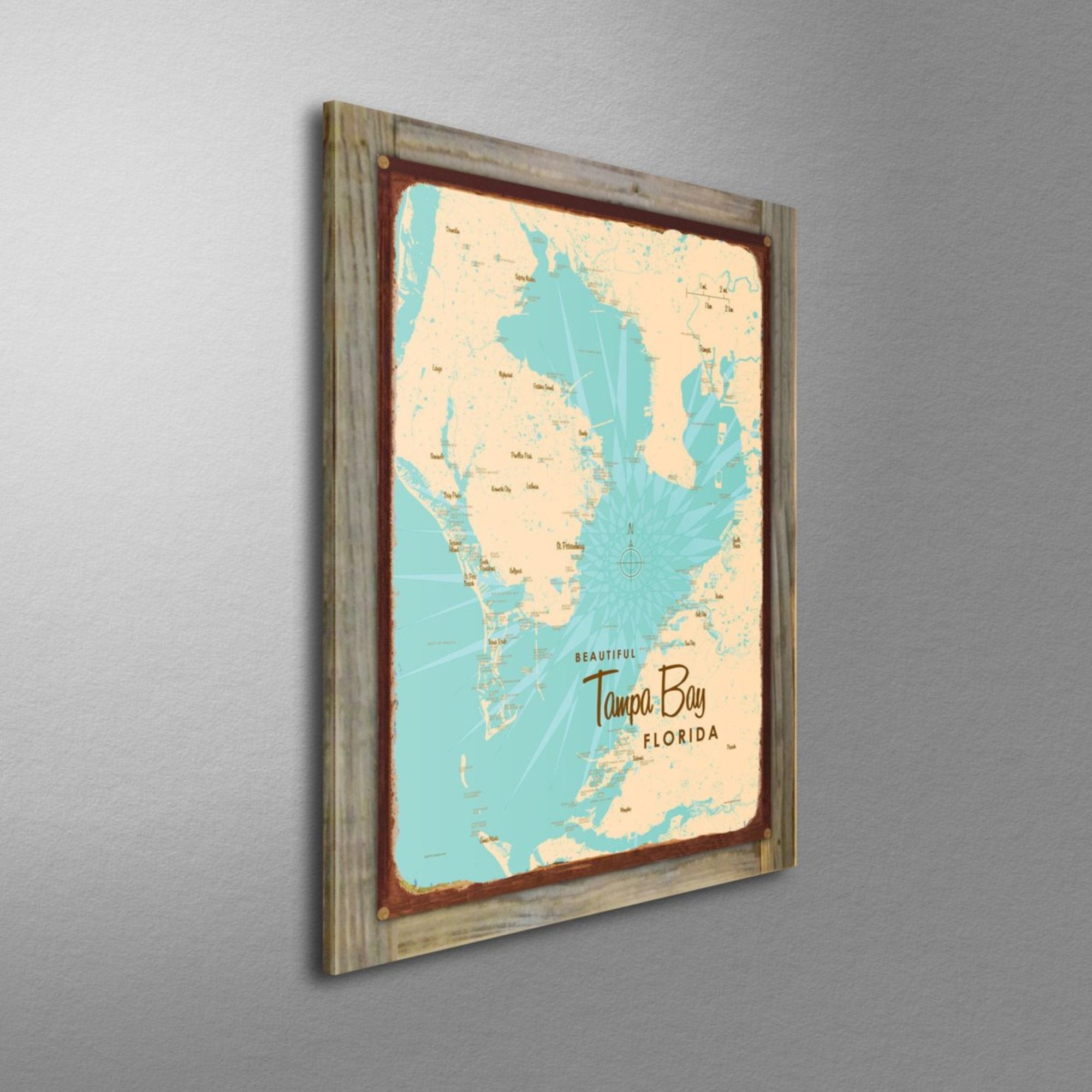 Tampa Bay Florida, Wood-Mounted Rustic Metal Sign Map Art