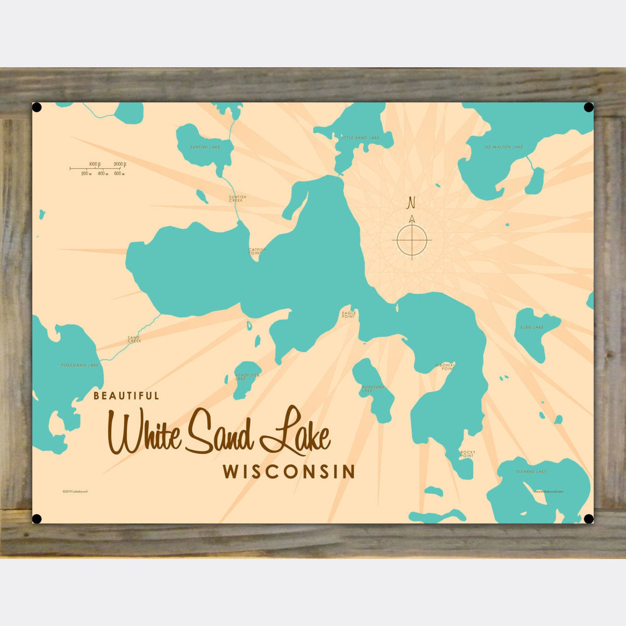 White Sand Lake Wisconsin, Wood-Mounted Metal Sign Map Art