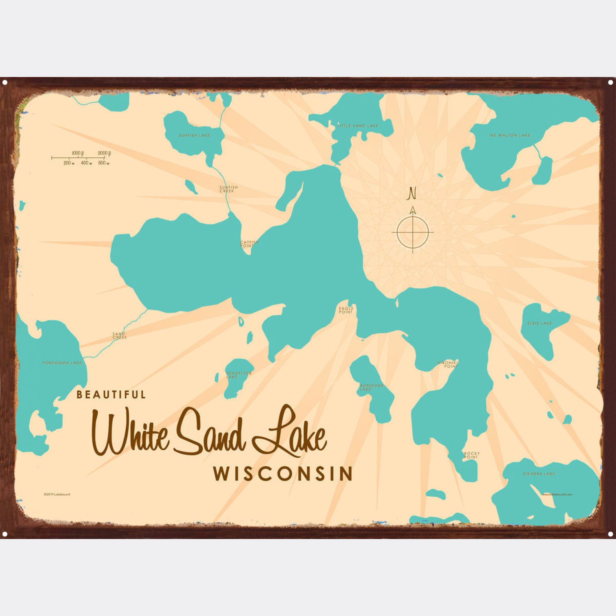 White Sand Lake Wisconsin, Rustic Metal Sign Map Art