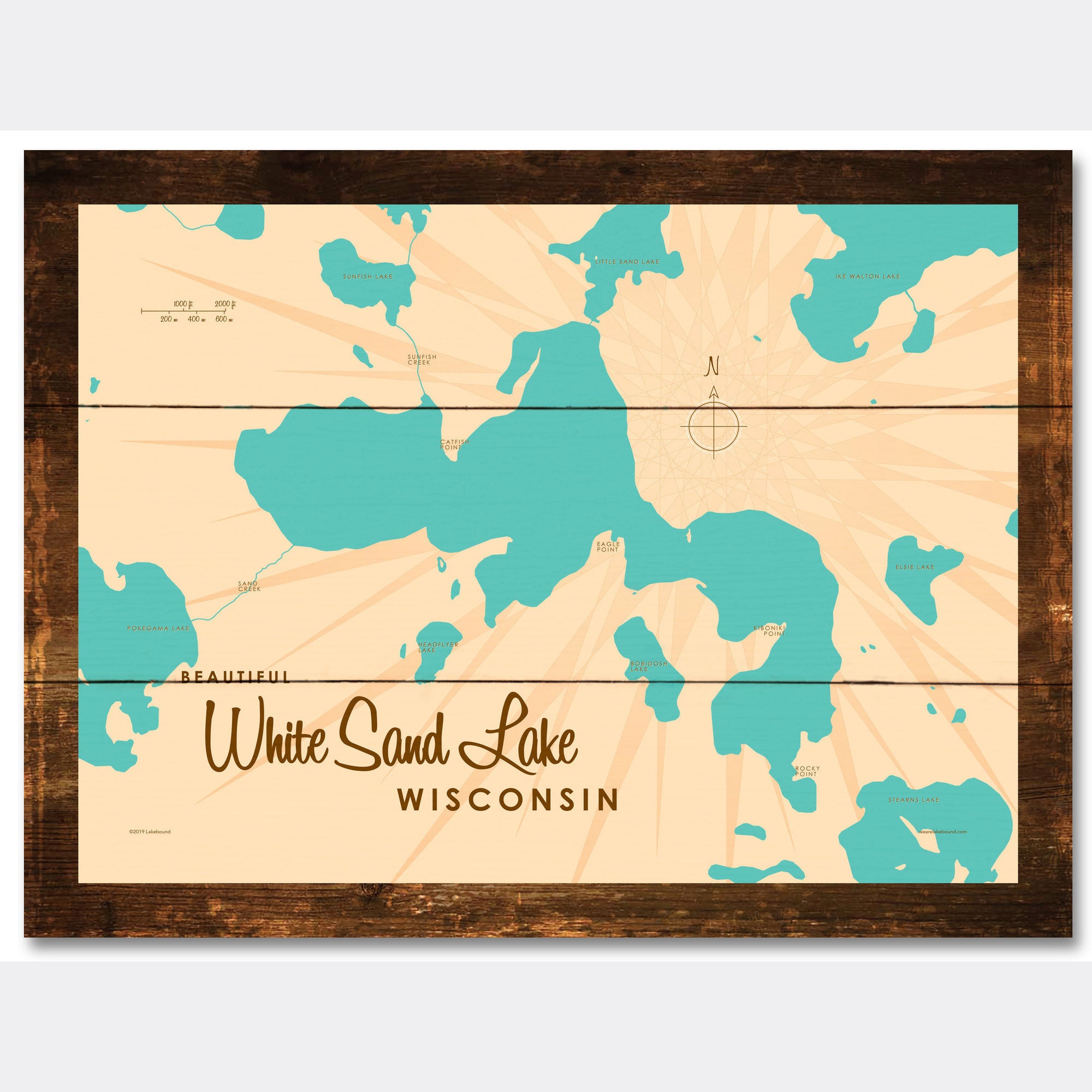 White Sand Lake Wisconsin, Rustic Wood Sign Map Art