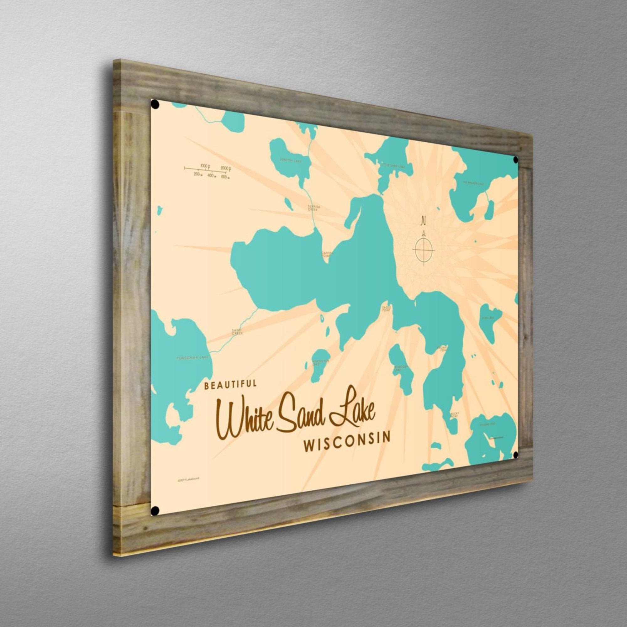 White Sand Lake Wisconsin, Wood-Mounted Metal Sign Map Art