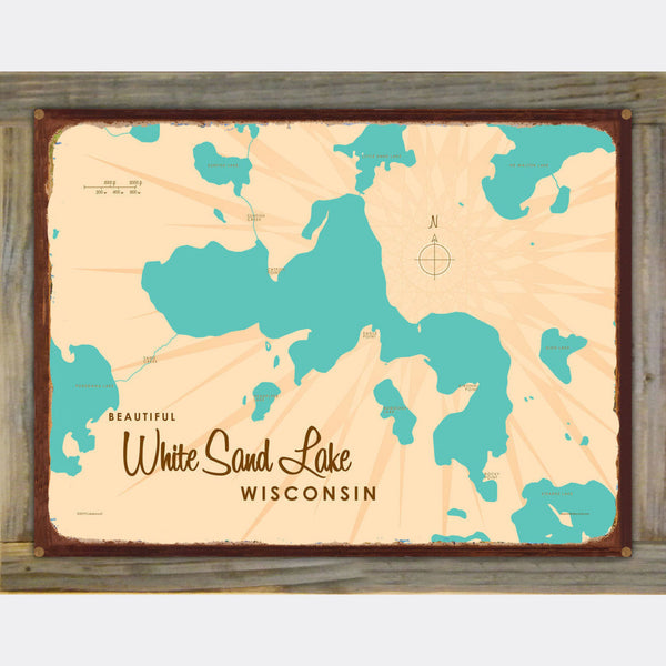 White Sand Lake Wisconsin, Wood-Mounted Rustic Metal Sign Map Art