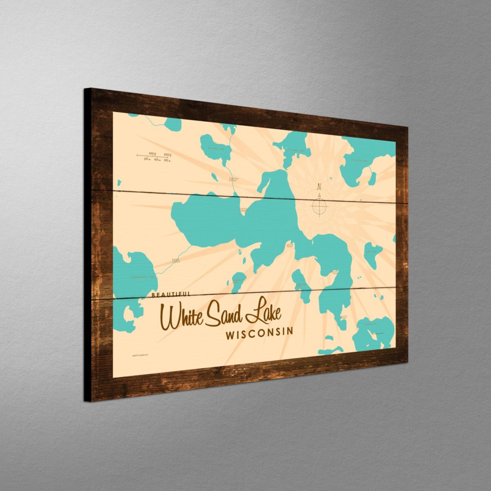 White Sand Lake Wisconsin, Rustic Wood Sign Map Art