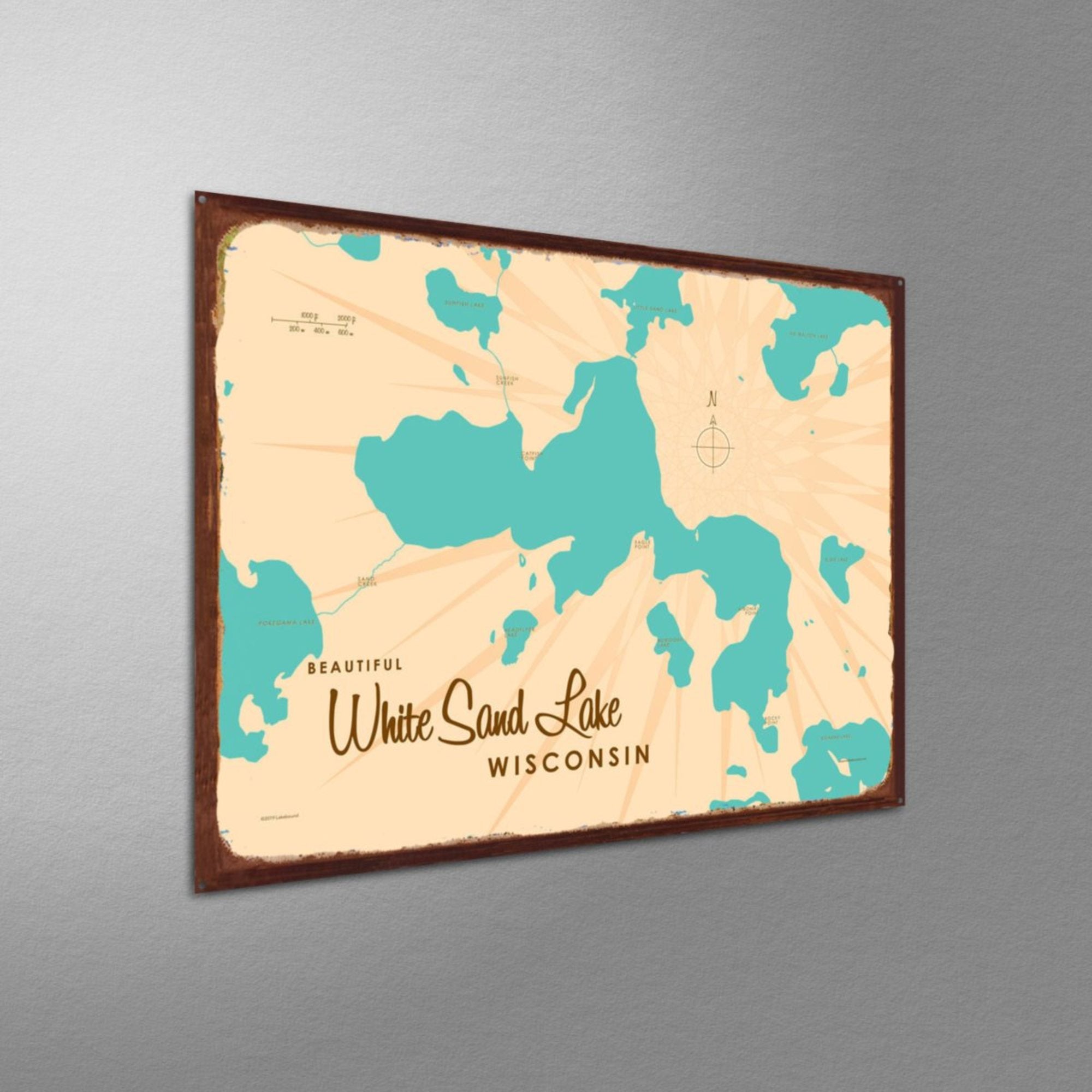 White Sand Lake Wisconsin, Rustic Metal Sign Map Art