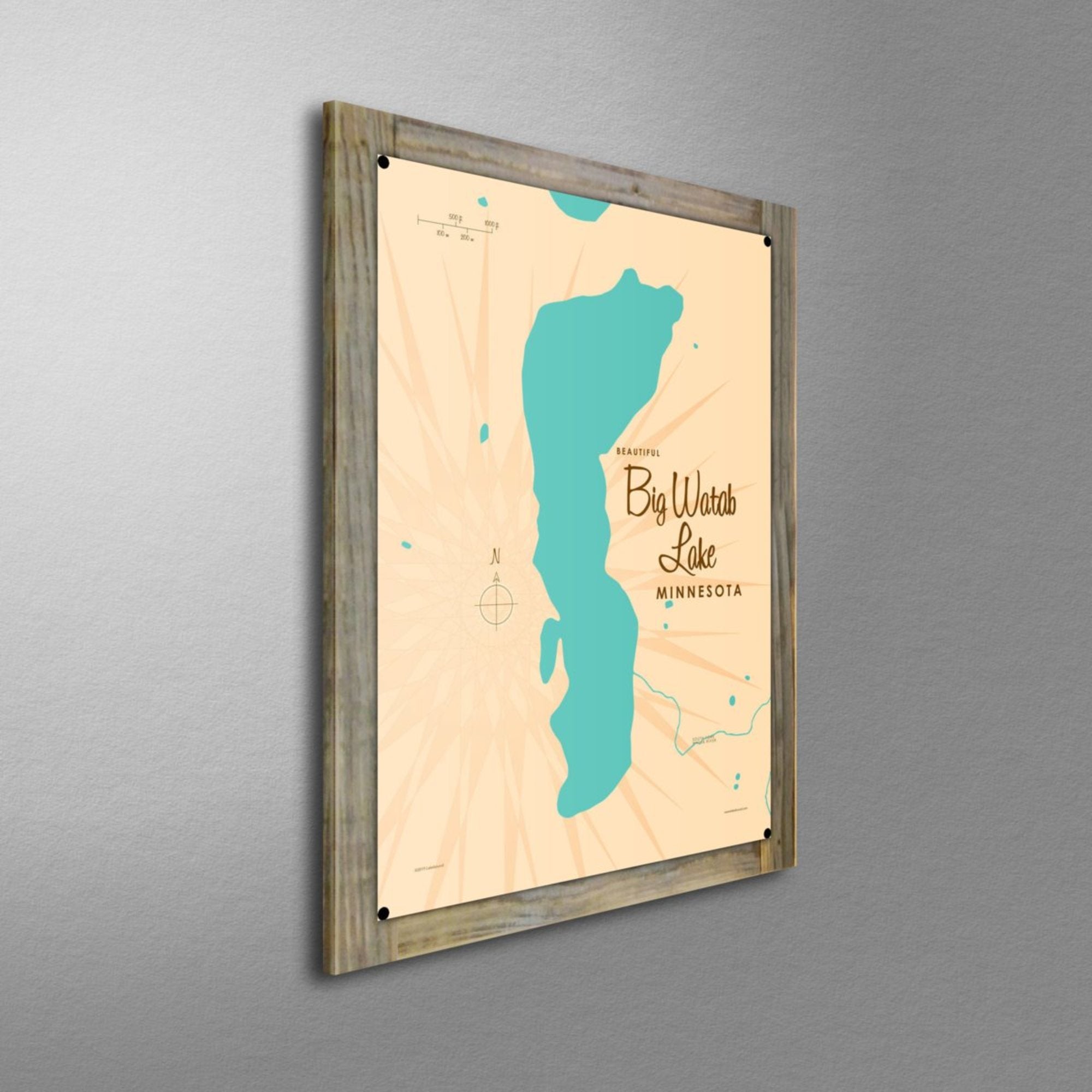 Big Watab Lake Minnesota, Wood-Mounted Metal Sign Map Art