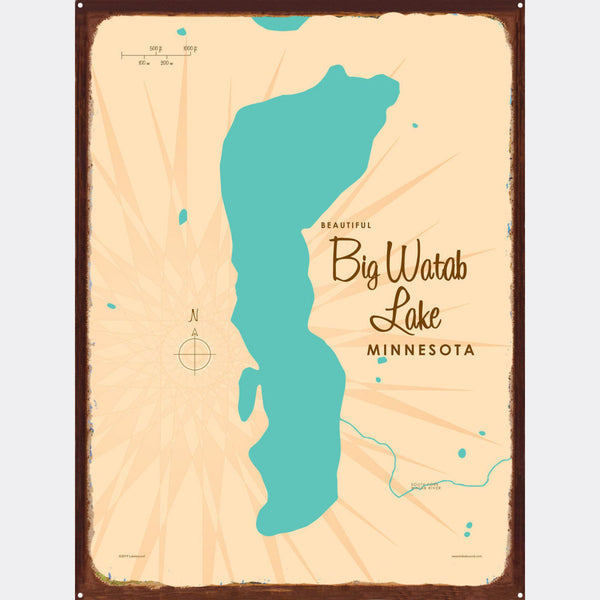 Big Watab Lake Minnesota, Rustic Metal Sign Map Art