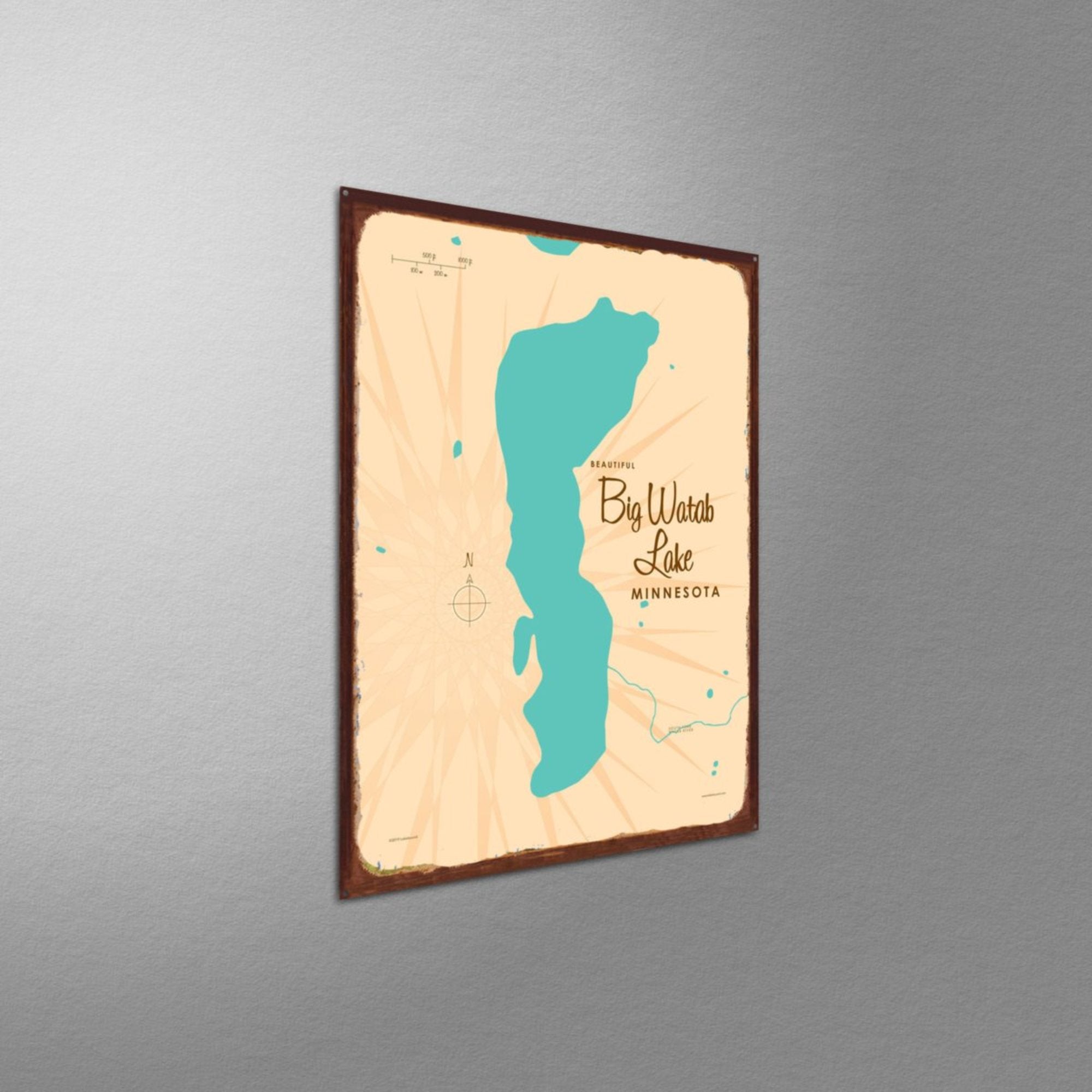 Big Watab Lake Minnesota, Rustic Metal Sign Map Art