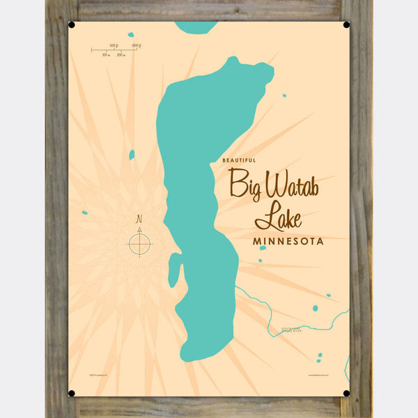 Big Watab Lake Minnesota, Wood-Mounted Metal Sign Map Art