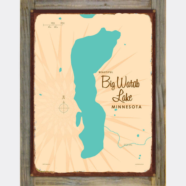 Big Watab Lake Minnesota, Wood-Mounted Rustic Metal Sign Map Art