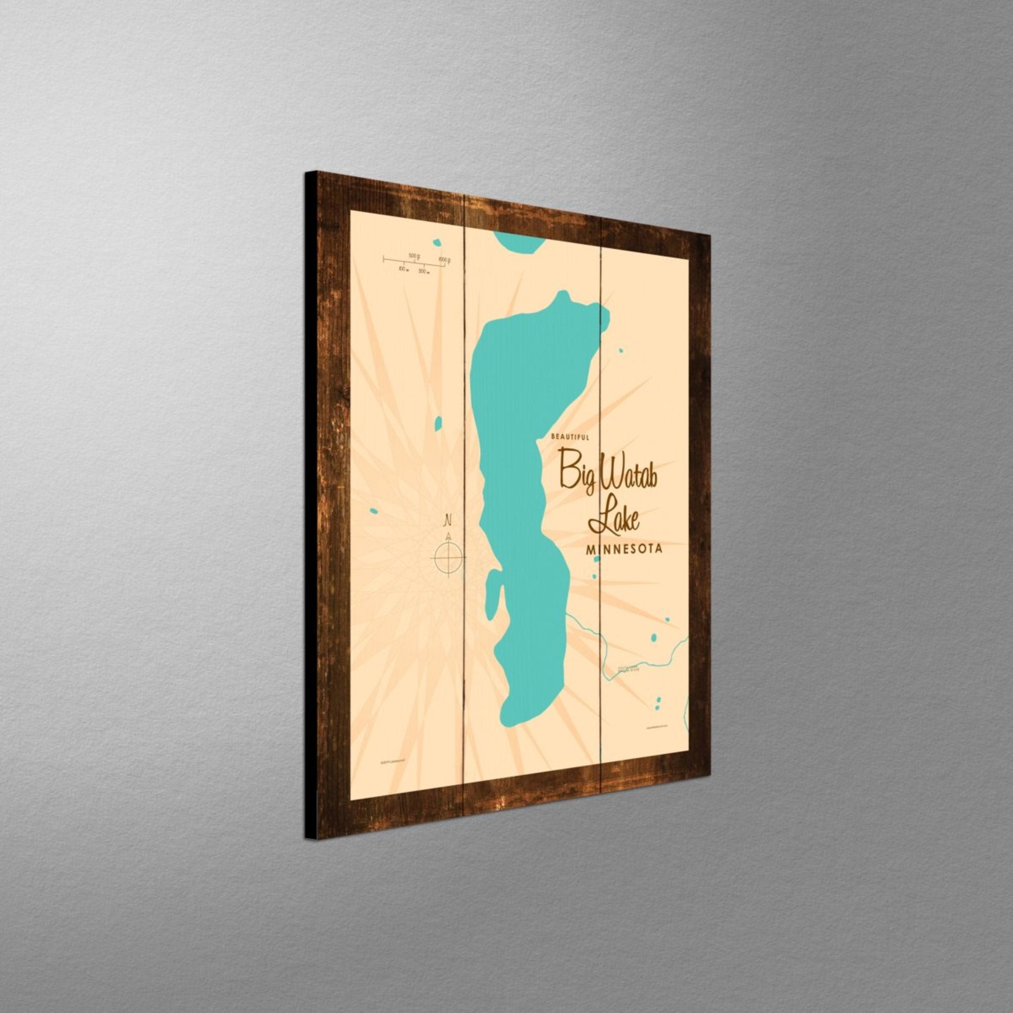 Big Watab Lake Minnesota, Rustic Wood Sign Map Art