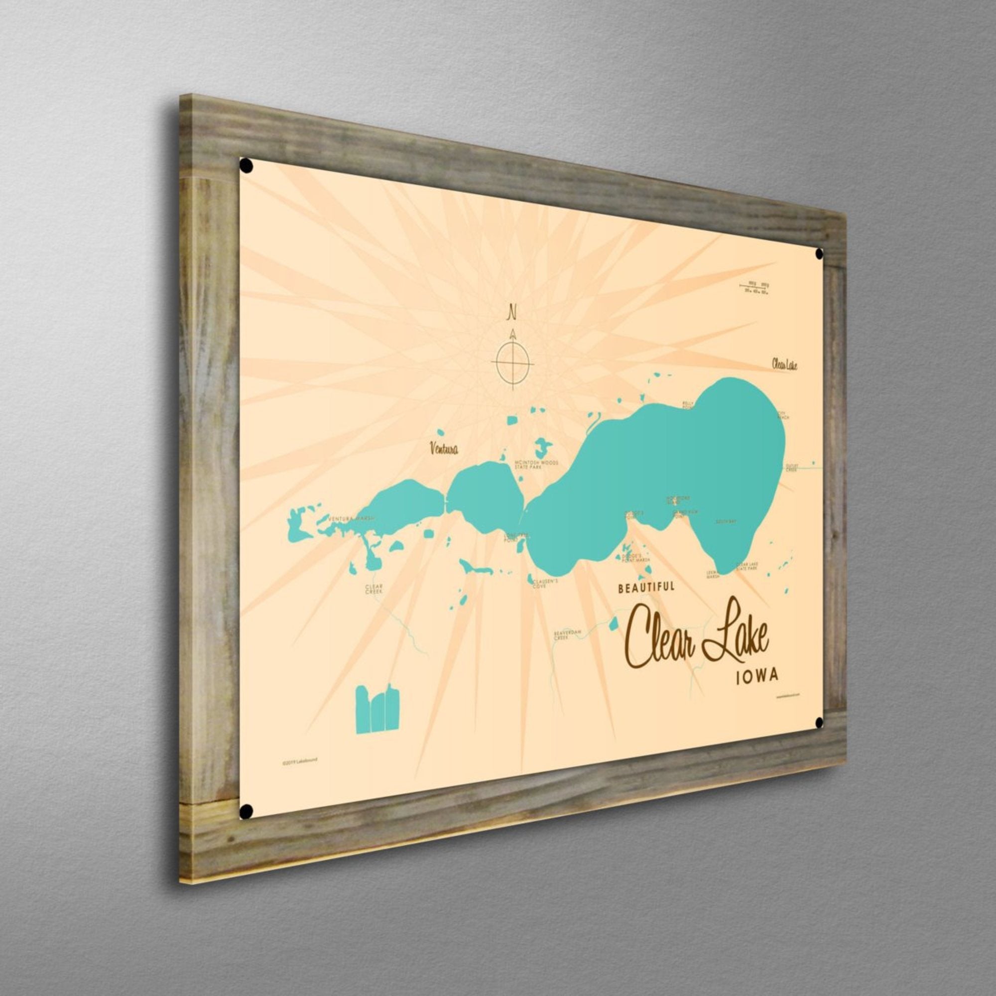 Clear Lake Iowa, Wood-Mounted Metal Sign Map Art