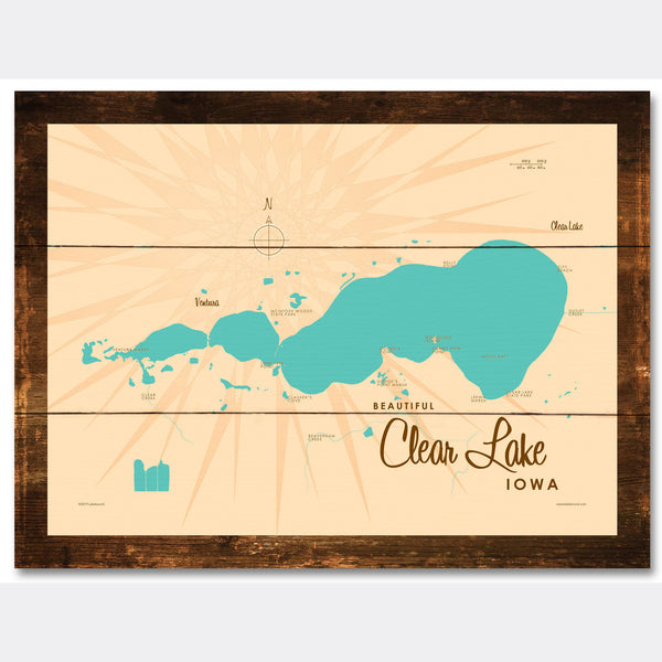 Clear Lake Iowa, Rustic Wood Sign Map Art
