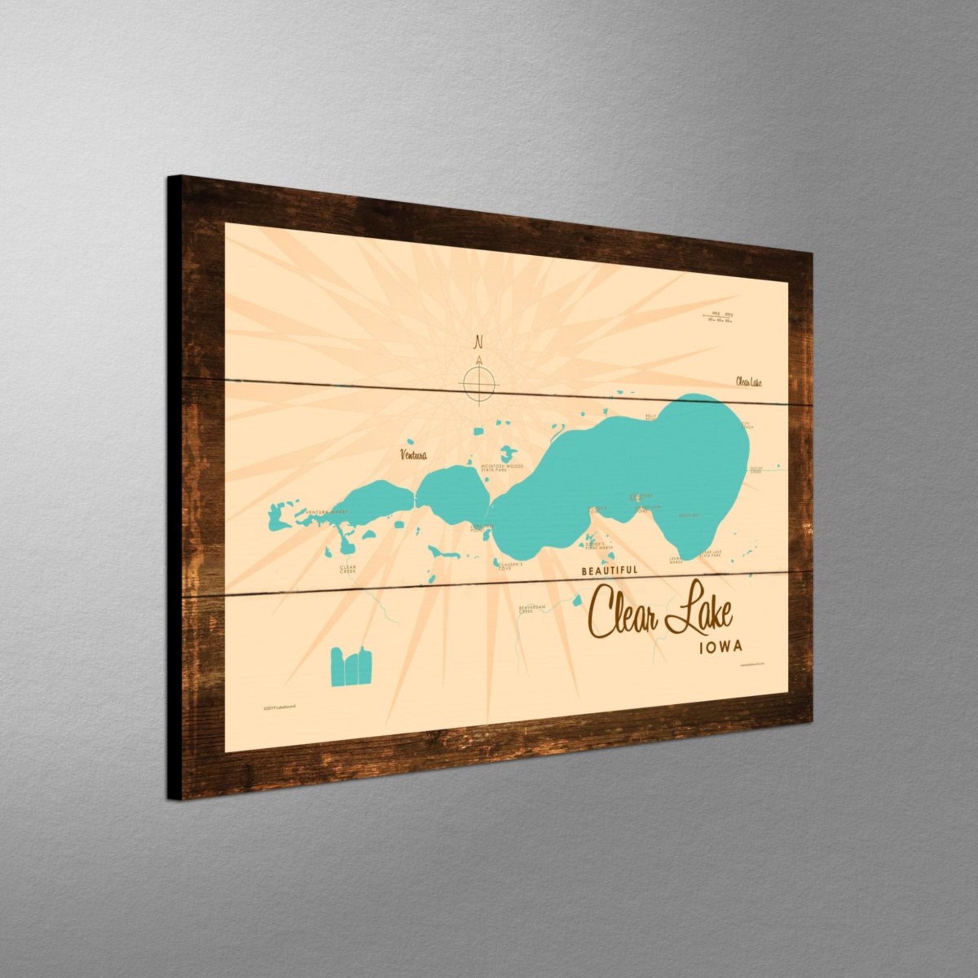 Clear Lake Iowa, Rustic Wood Sign Map Art