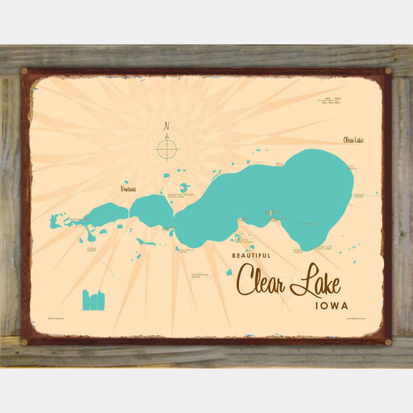 Clear Lake Iowa, Wood-Mounted Rustic Metal Sign Map Art
