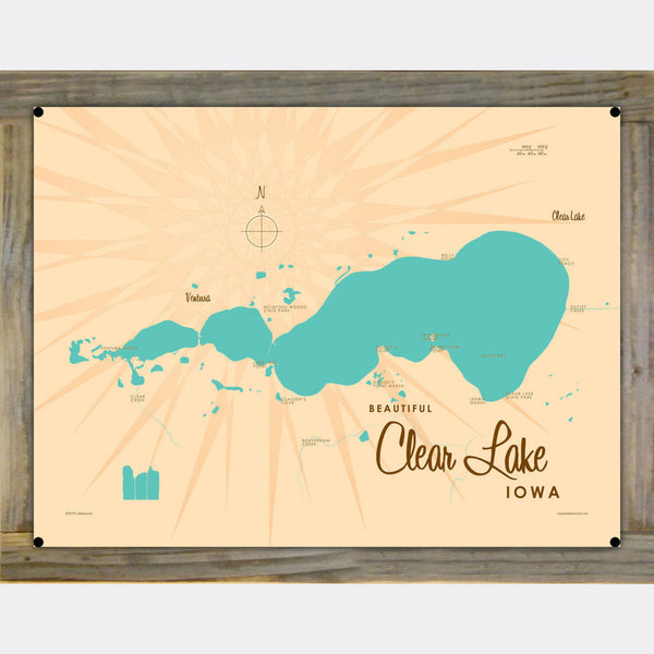 Clear Lake Iowa, Wood-Mounted Metal Sign Map Art