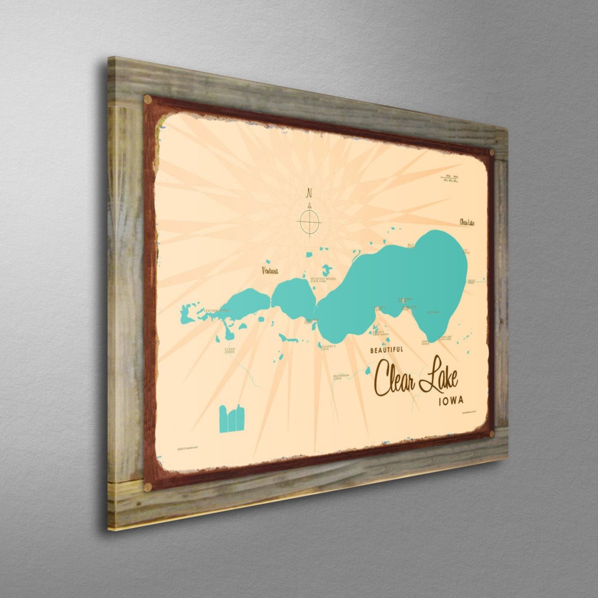 Clear Lake Iowa, Wood-Mounted Rustic Metal Sign Map Art