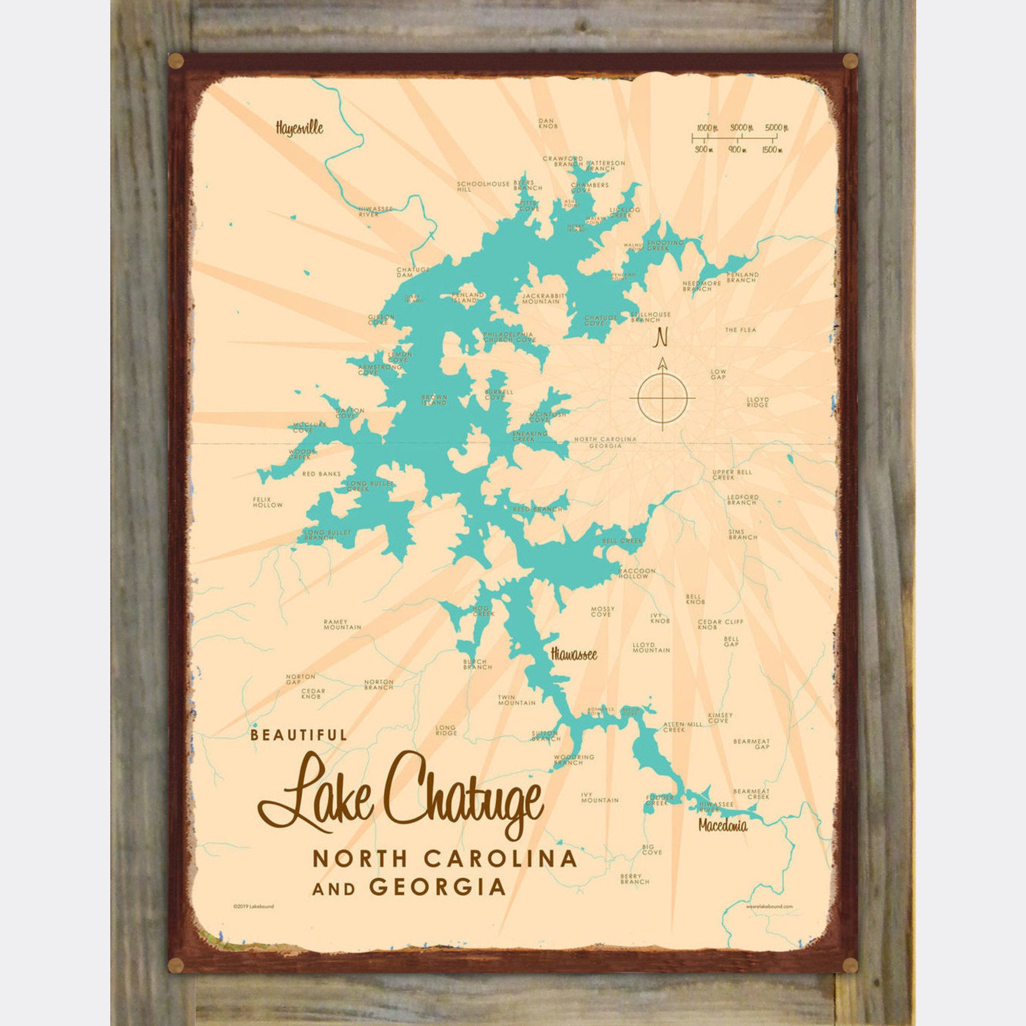 Lake Chatuge NC Georgia, Wood-Mounted Rustic Metal Sign Map Art