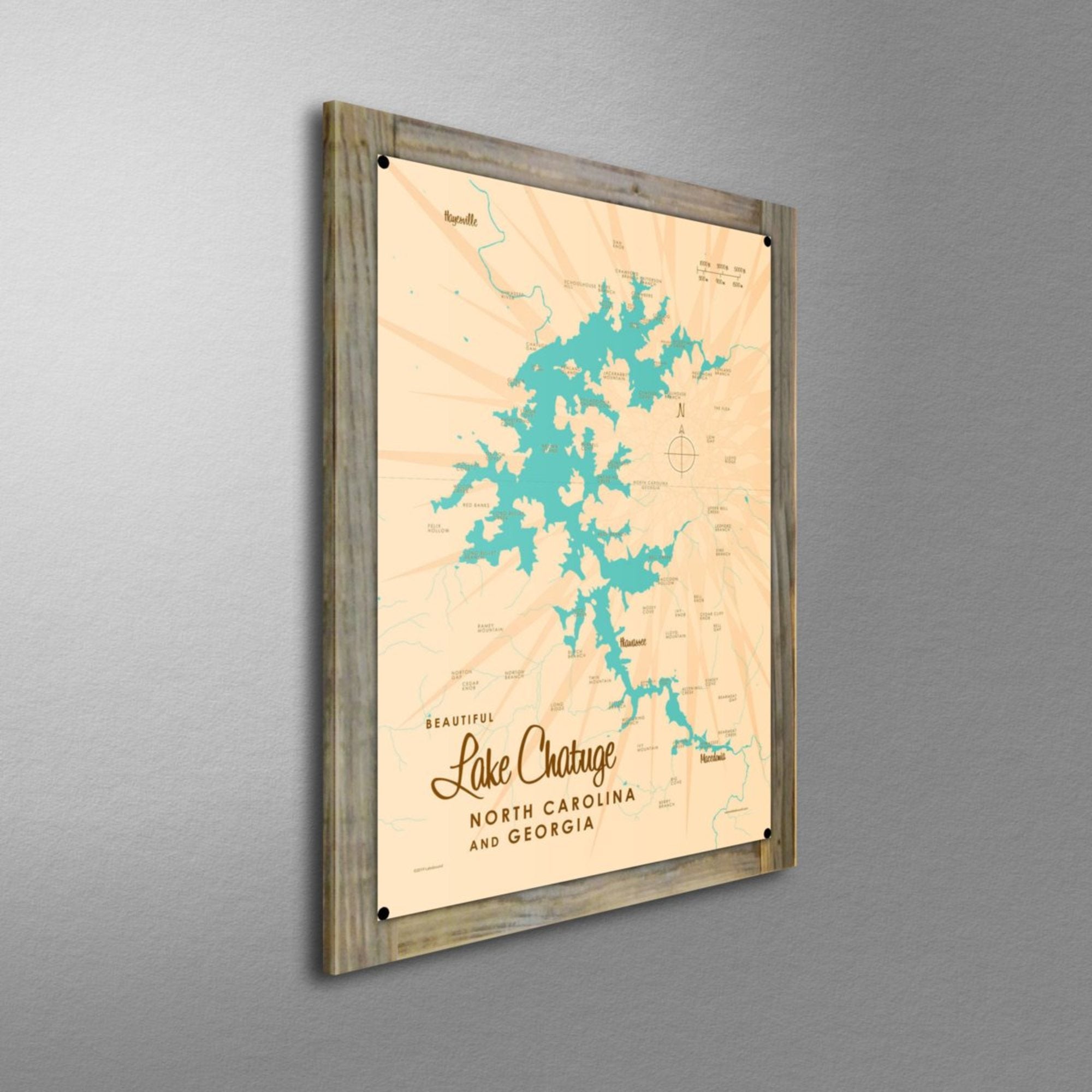 Lake Chatuge NC Georgia, Wood-Mounted Metal Sign Map Art