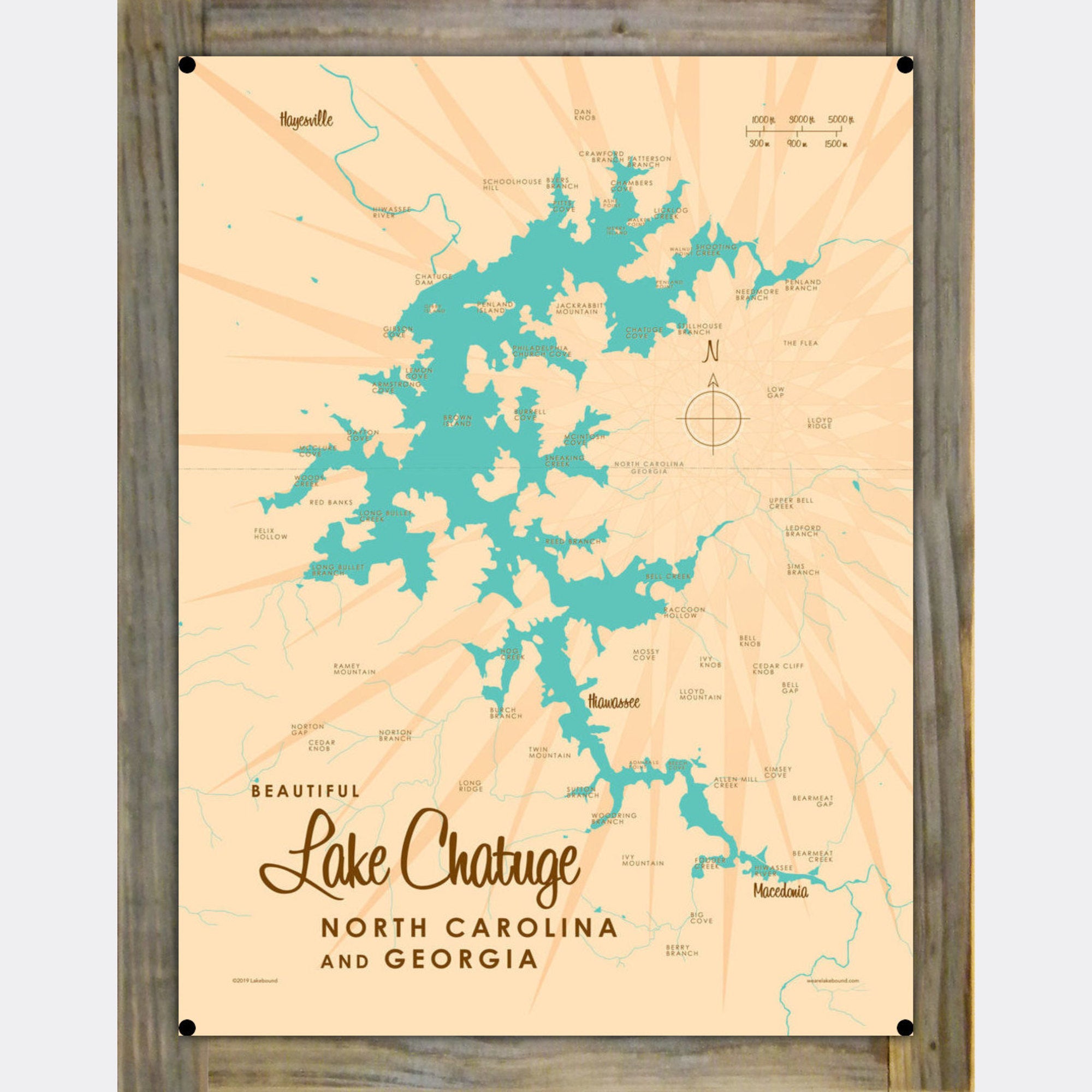 Lake Chatuge NC Georgia, Wood-Mounted Metal Sign Map Art