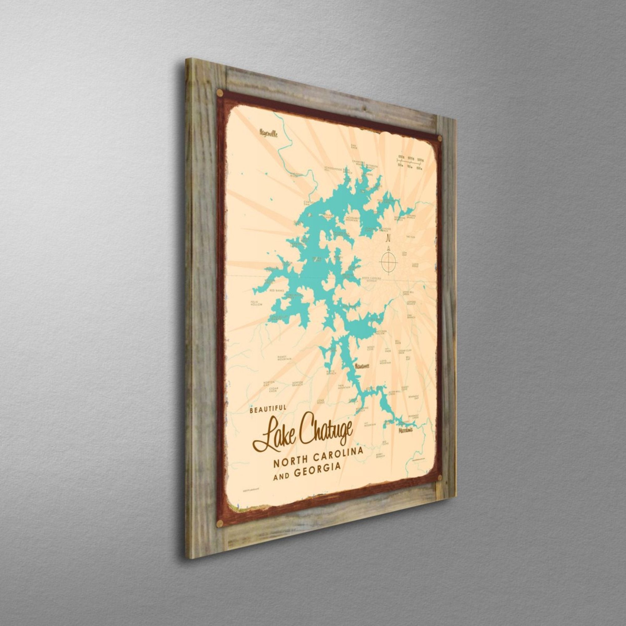 Lake Chatuge NC Georgia, Wood-Mounted Rustic Metal Sign Map Art