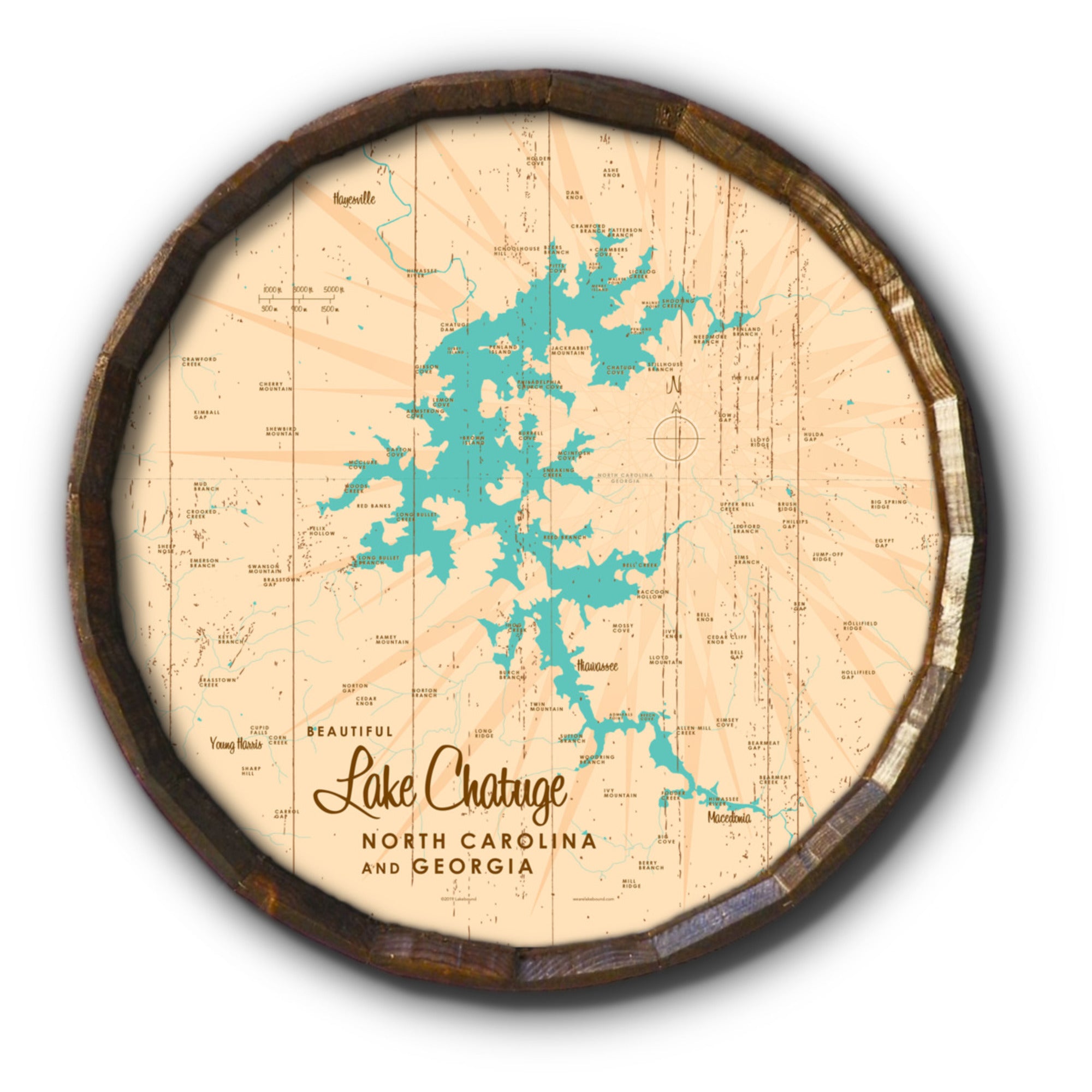 Lake Chatuge NC Georgia, Rustic Barrel End Map Art