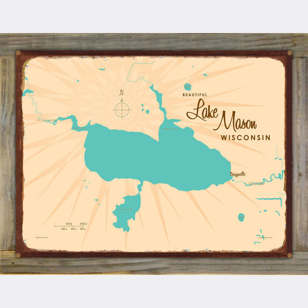 Lake Mason Wisconsin, Wood-Mounted Rustic Metal Sign Map Art
