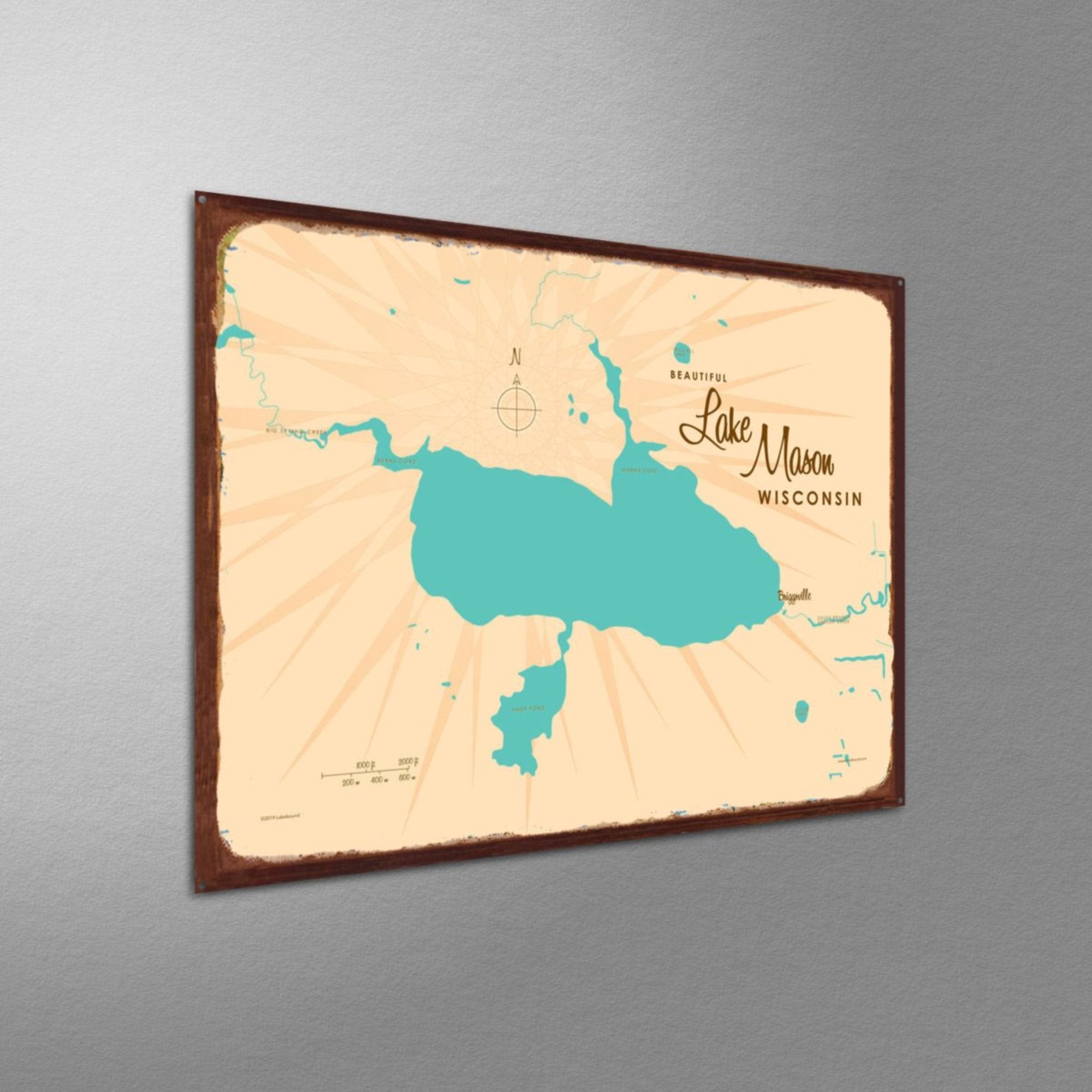 Lake Mason Wisconsin, Rustic Metal Sign Map Art