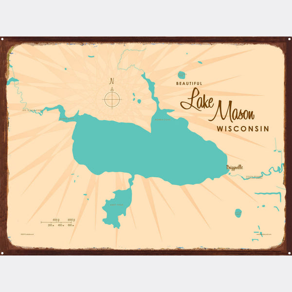 Lake Mason Wisconsin, Rustic Metal Sign Map Art