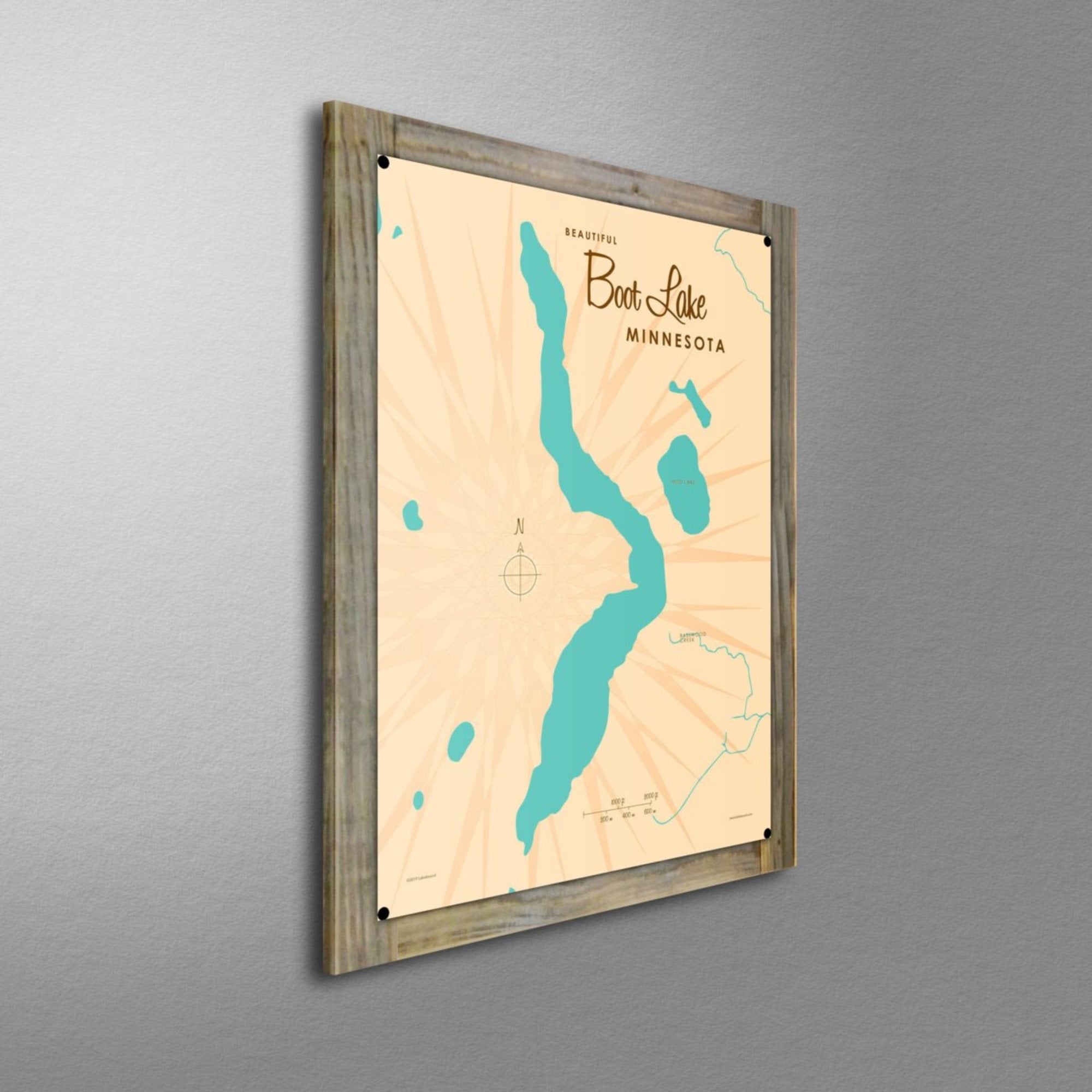 Boot Lake Minnesota, Wood-Mounted Metal Sign Map Art