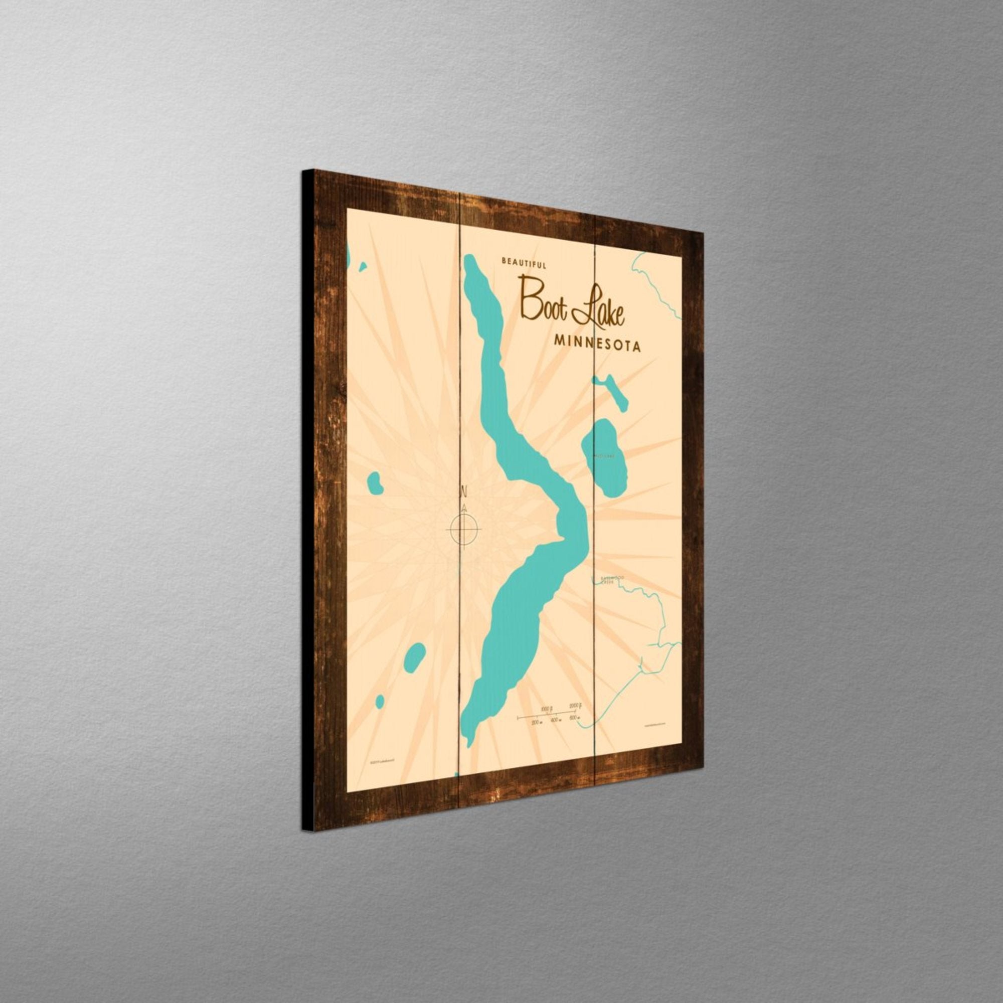 Boot Lake Minnesota, Rustic Wood Sign Map Art