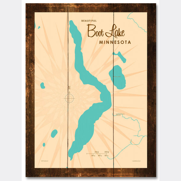 Boot Lake Minnesota, Rustic Wood Sign Map Art