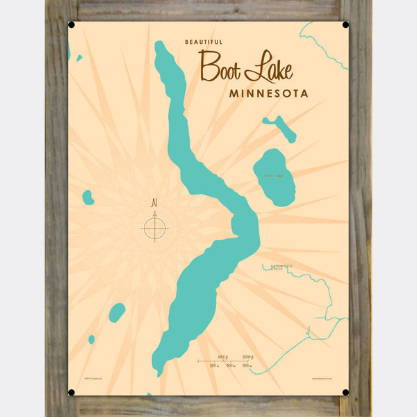 Boot Lake Minnesota, Wood-Mounted Metal Sign Map Art