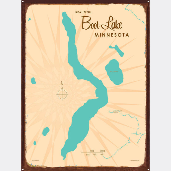 Boot Lake Minnesota, Rustic Metal Sign Map Art