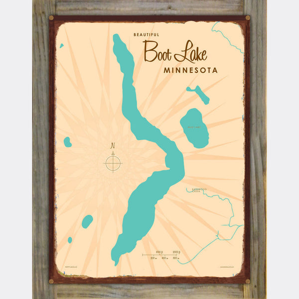Boot Lake Minnesota, Wood-Mounted Rustic Metal Sign Map Art