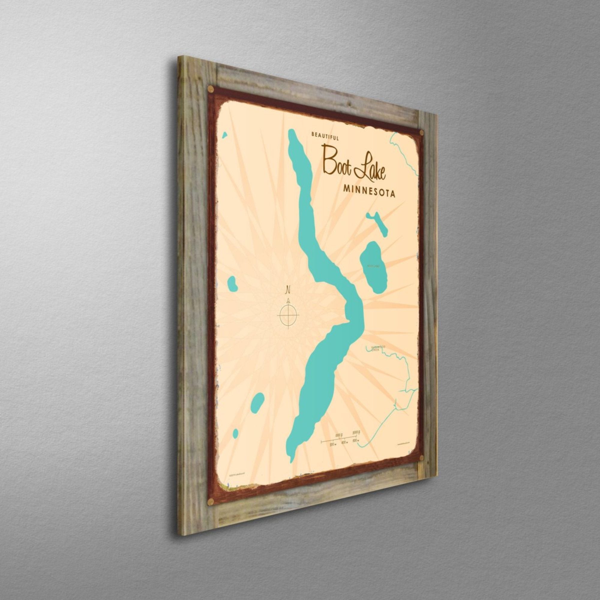 Boot Lake Minnesota, Wood-Mounted Rustic Metal Sign Map Art