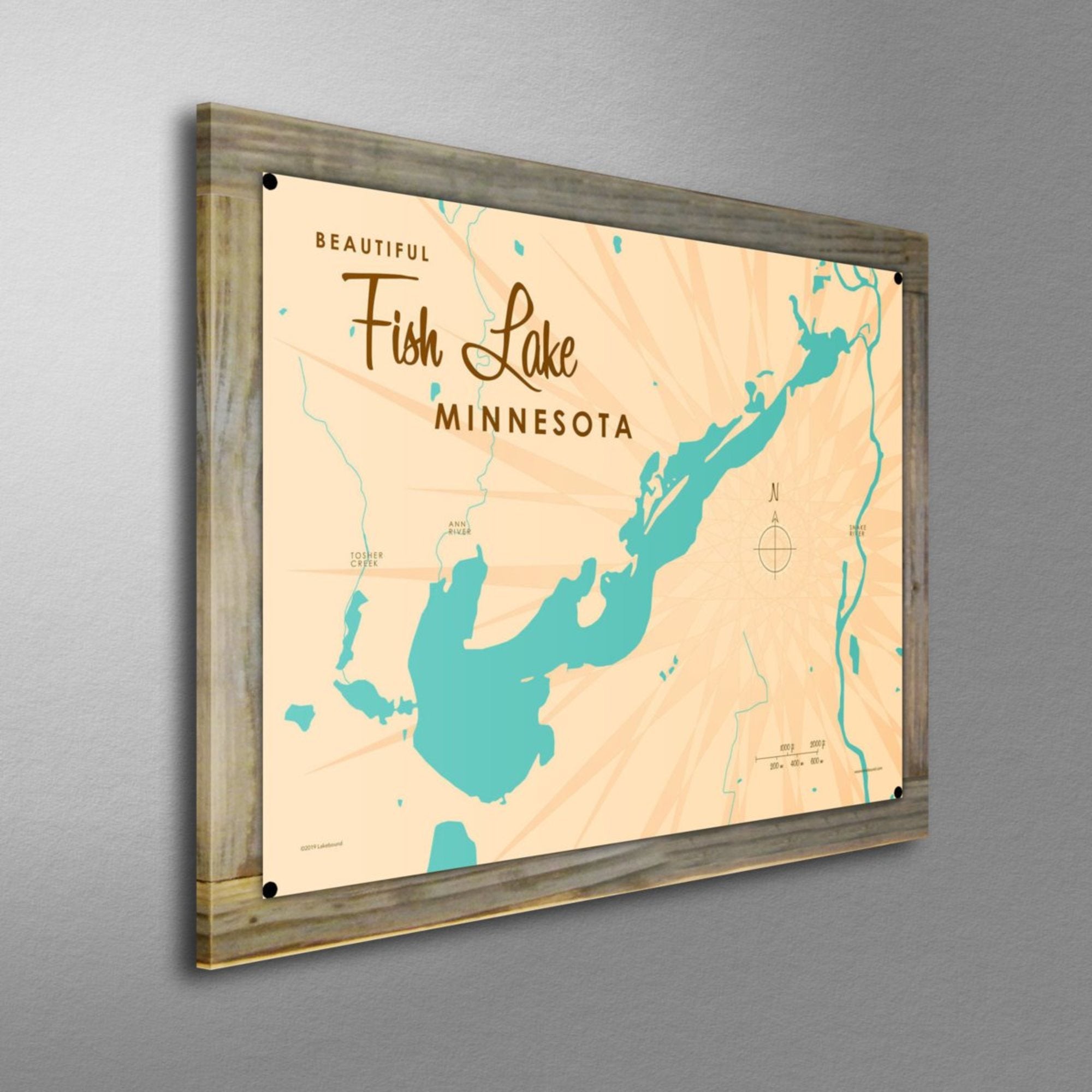 Fish Lake Minnesota, Wood-Mounted Metal Sign Map Art