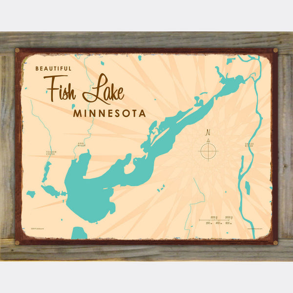 Fish Lake Minnesota, Wood-Mounted Rustic Metal Sign Map Art