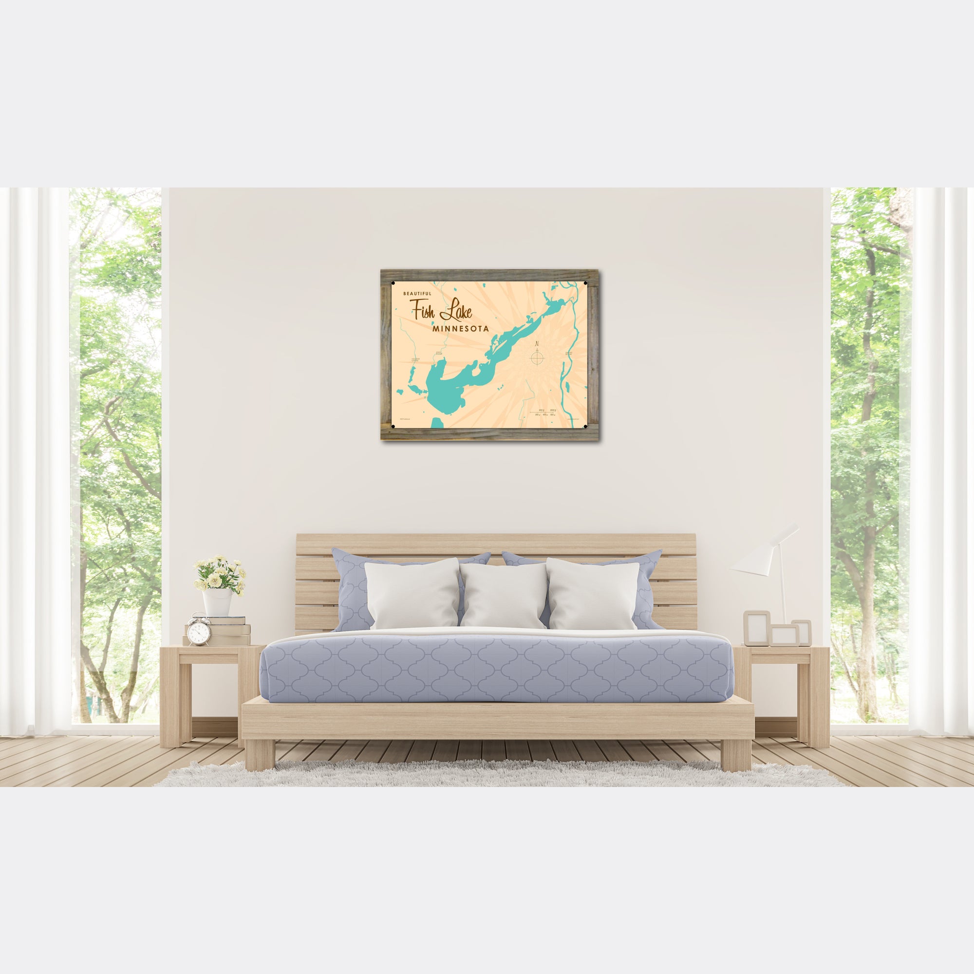 Fish Lake Minnesota, Wood-Mounted Metal Sign Map Art