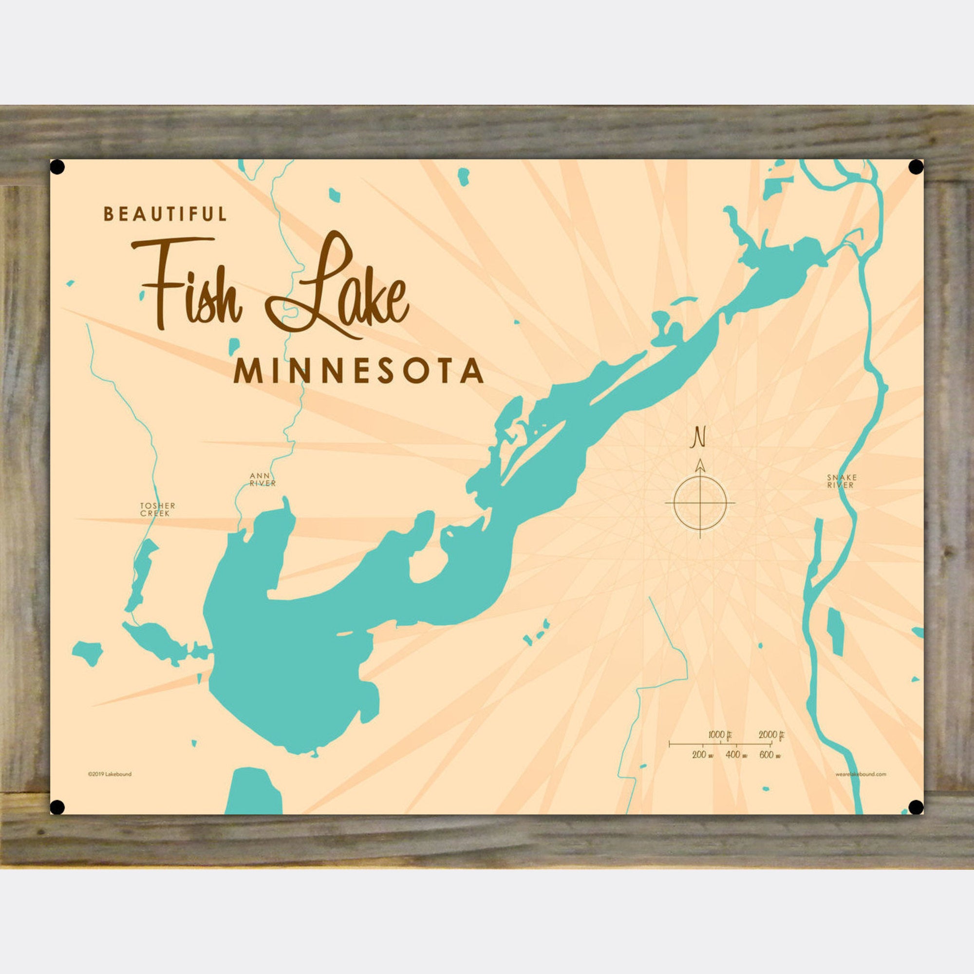 Fish Lake Minnesota, Wood-Mounted Metal Sign Map Art