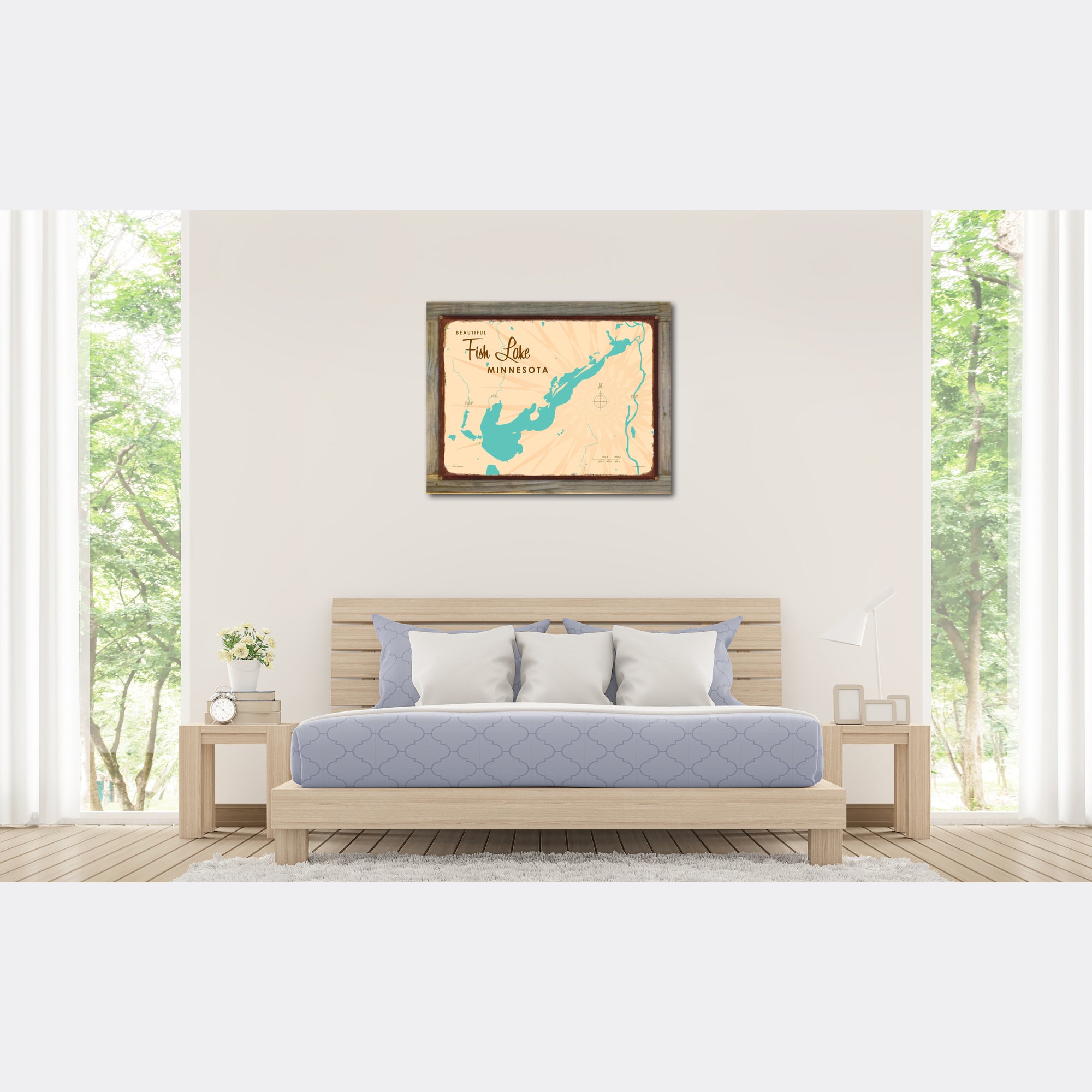 Fish Lake Minnesota, Wood-Mounted Rustic Metal Sign Map Art