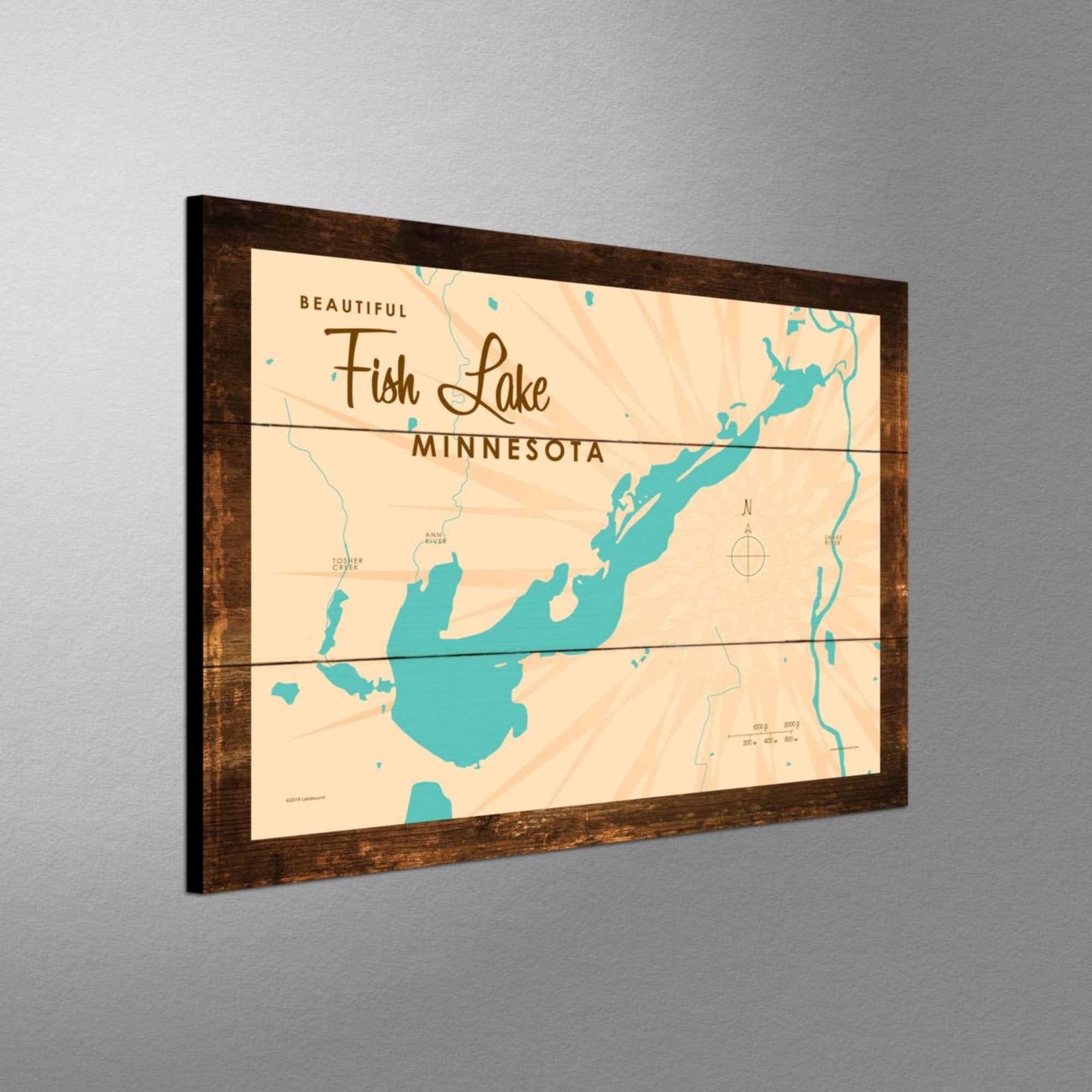 Fish Lake Minnesota, Rustic Wood Sign Map Art