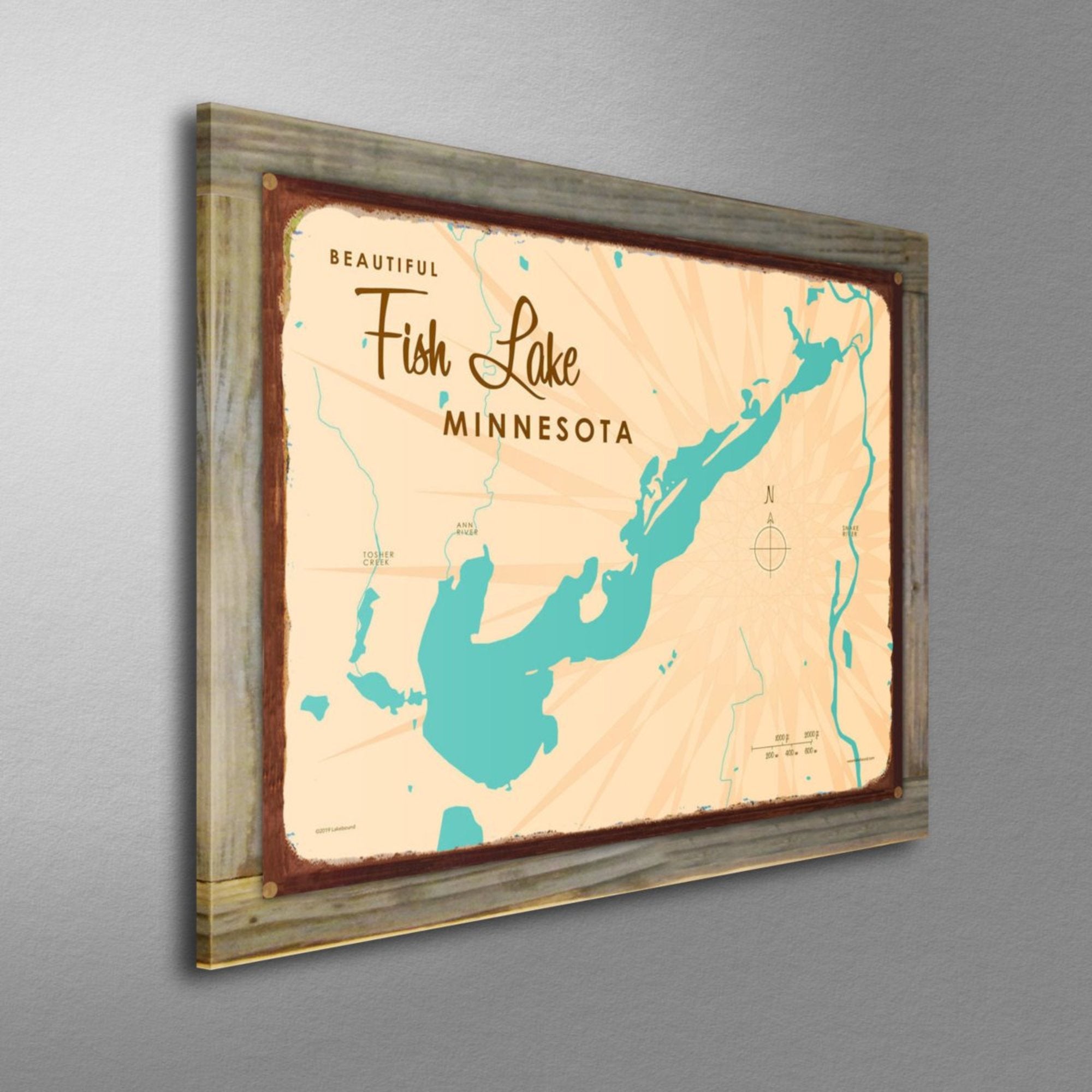 Fish Lake Minnesota, Wood-Mounted Rustic Metal Sign Map Art