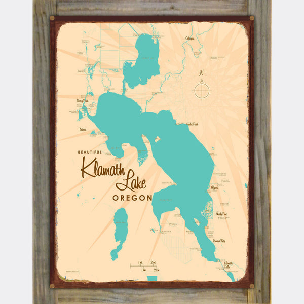 Klamath Lake Oregon, Wood-Mounted Rustic Metal Sign Map Art